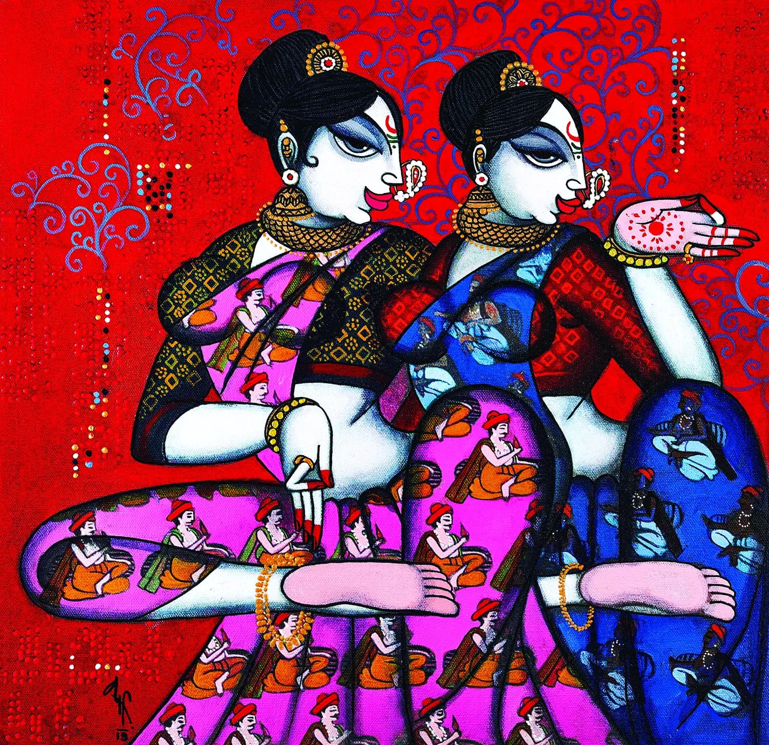 Traditional Indian art depicting women with lotuses